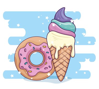 cute ice cream in cone with delicious donut