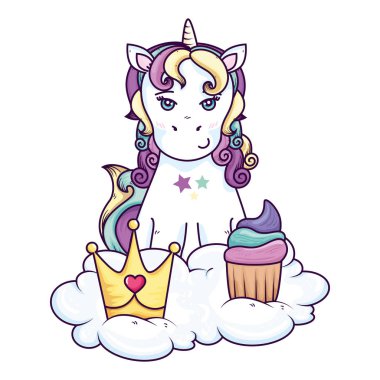 cute unicorn with crown and cupcake in cloud