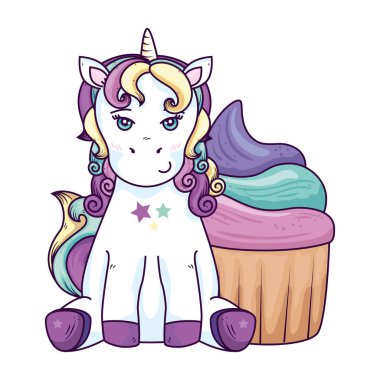 cute unicorn fantasy with cupcake isolated icon