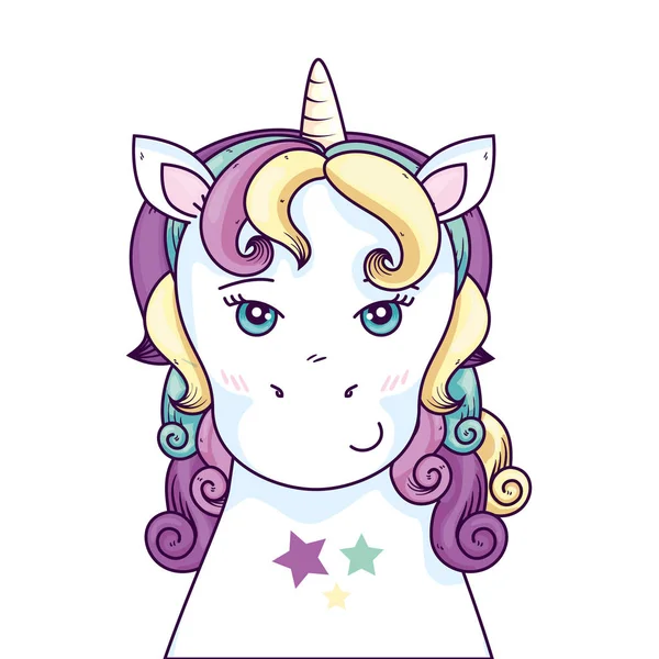 Head of cute unicorn fantasy with stars decoration — 스톡 벡터