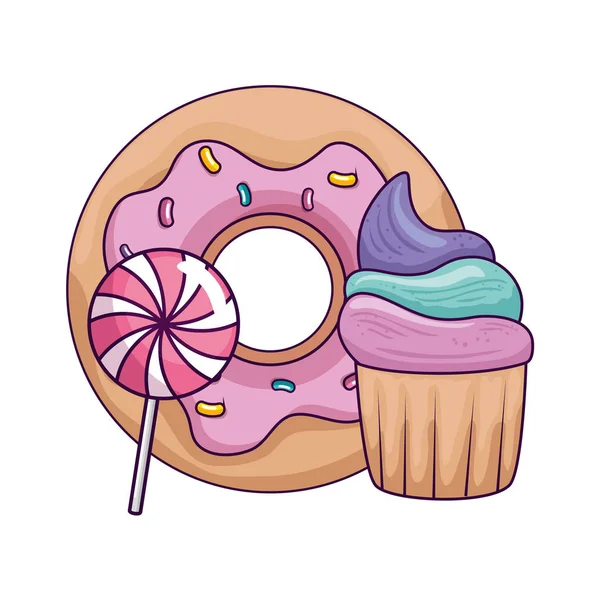 Cupcake with donut and lollipop — Stockvector