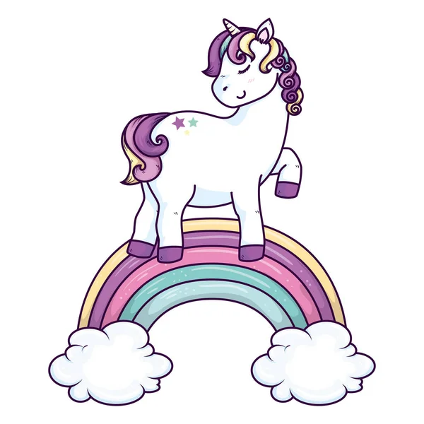 Carino unicorno con nuvole e arcobaleno — Vettoriale Stock