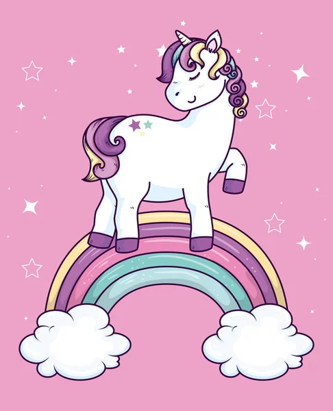 Cute unicorn fantasy with rainbow and clouds — Stockvector