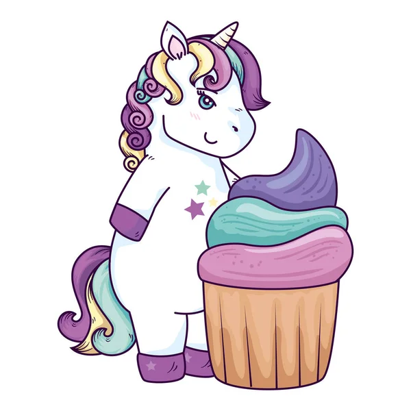 Lindo unicornio fantasía con cupcake aislado icono — Archivo Imágenes Vectoriales