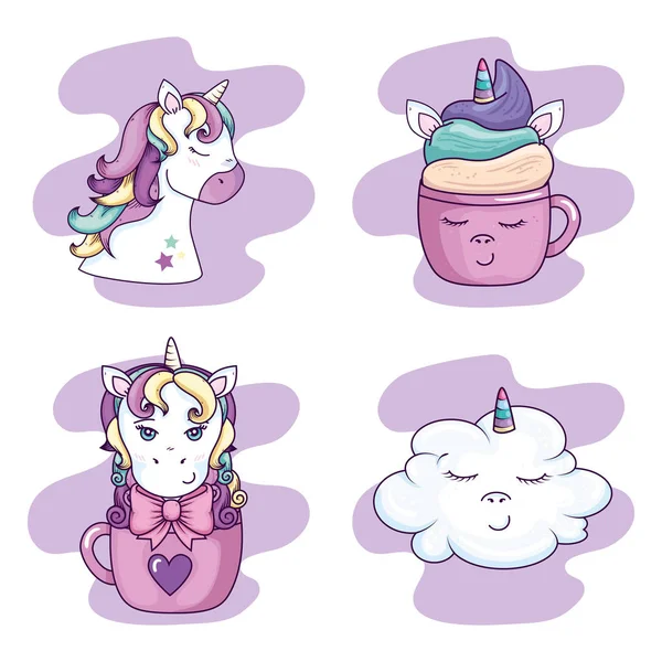 Set designs of unicorns and cute icons — Stok Vektör