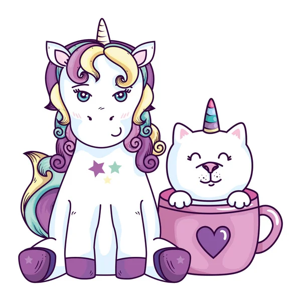 Cute unicorn with cat unicorn in cup — ストックベクタ