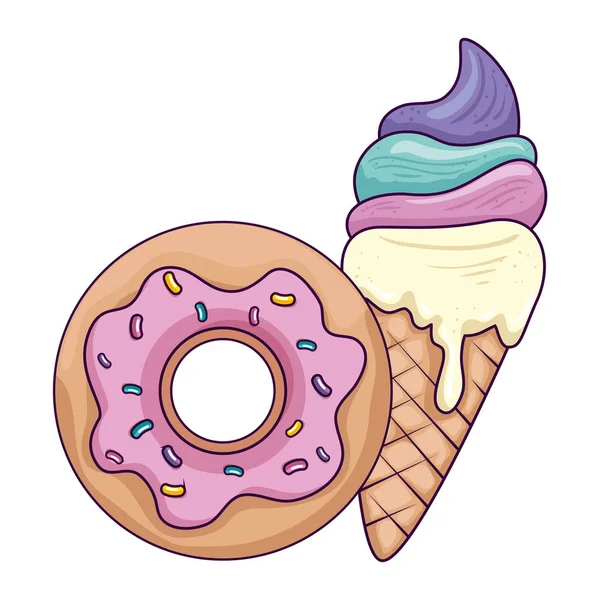 Donut doce com delicioso sorvete —  Vetores de Stock