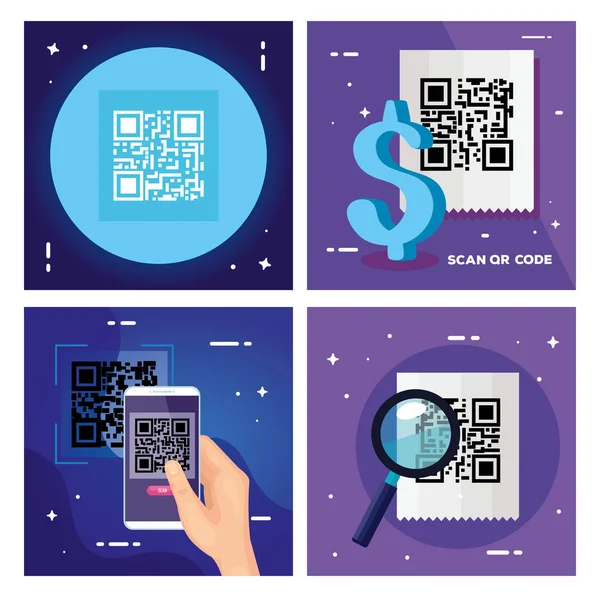 Set poster of scan code qr and icons — Stockový vektor