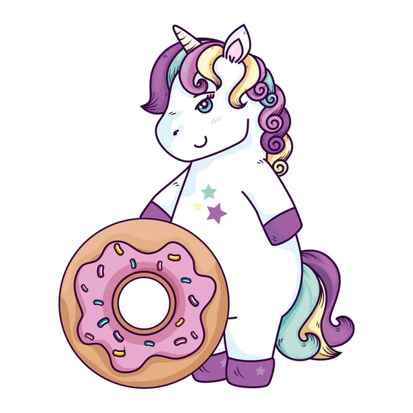 Cute unicorn fantasy with donut isolated icon — Stock vektor