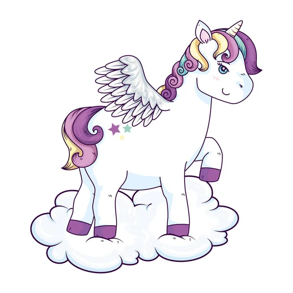 Cute unicorn with wings and stars in cloud — Stockvector