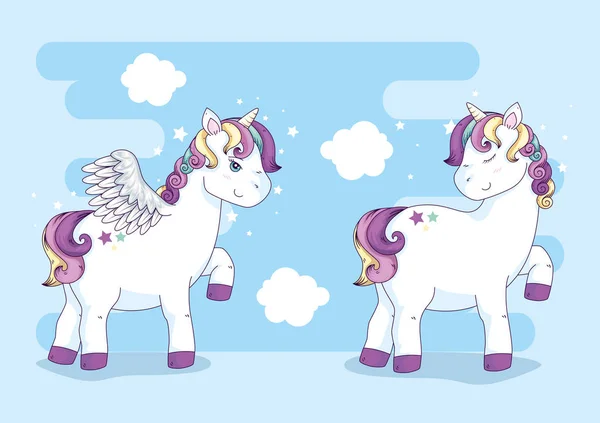 Cute unicorns fantasy with clouds decoration — 스톡 벡터