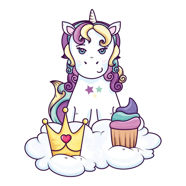 cute unicorn with crown and cupcake in cloud