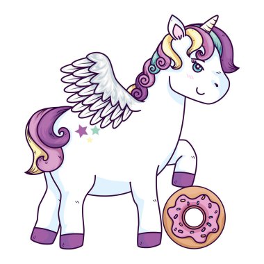 cute unicorn with wings and donut isolated icon