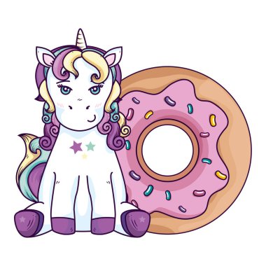 cute unicorn fantasy with donut isolated icon