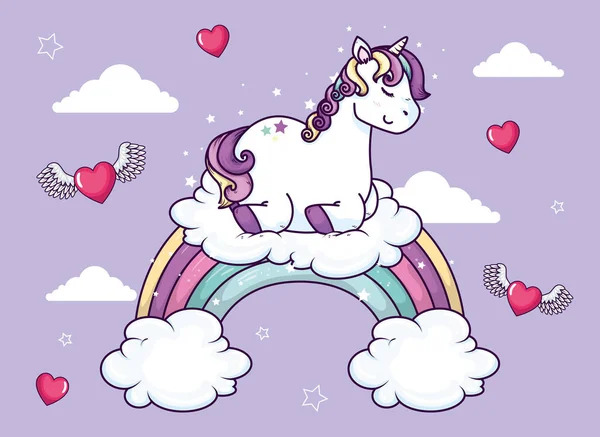 Cute unicorn with rainbow and hearts flying — Stock Vector