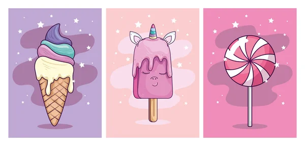 Cute unicorn ice cream kawaii with cute icons — Stock vektor