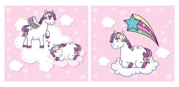 Grupo de lindos unicornios fantasía — Archivo Imágenes Vectoriales