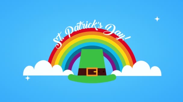 St patricks day animated card with rainbow and elf hat — Stockvideo