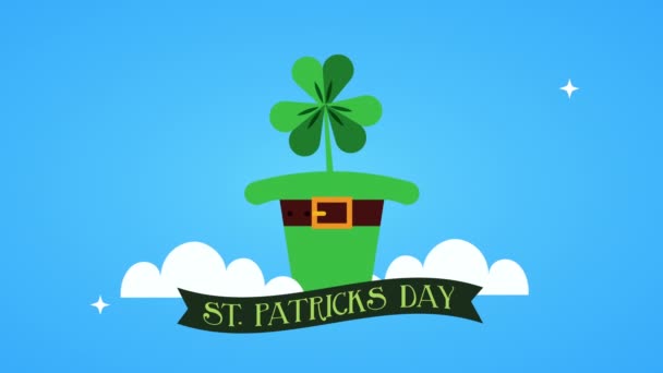St patricks day animated card with elf hat and clovers — Stockvideo