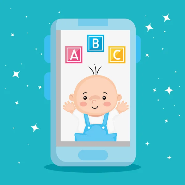 Cute little baby boy with cubes toy in smartphone — Stock vektor