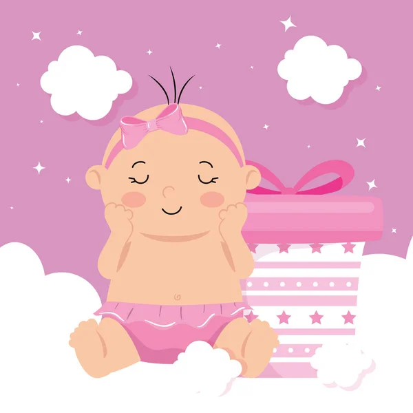 Cute baby girl with gift box and clouds decoration — Stock vektor