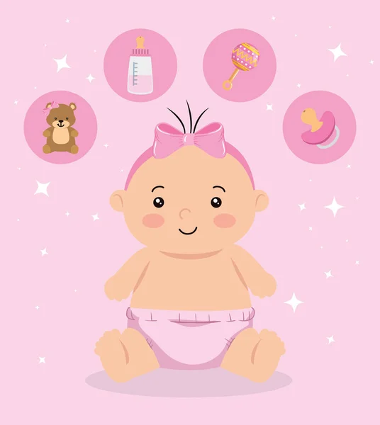 Cute little baby girl with set icons — Stockvector