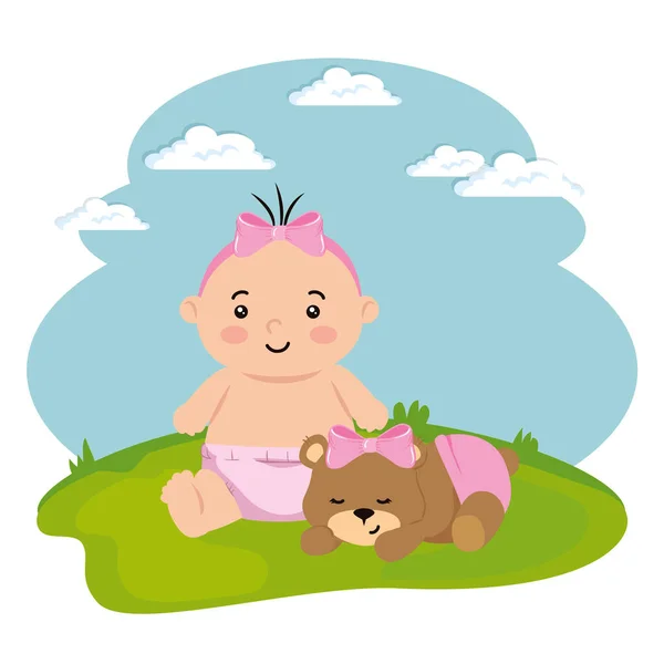 Cute little baby girl with teddy bear in landscape — Stock Vector