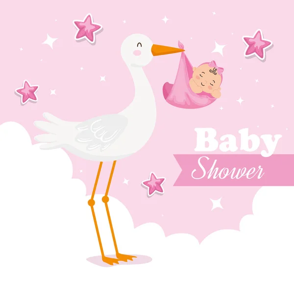 Baby shower card z bocianem i dekoracją — Wektor stockowy