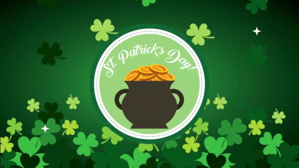 St patricks day animated card with treasure cauldron and clovers — Stock Video