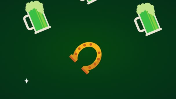 St patricks day animated card with beers and horseshoes pattern — 图库视频影像