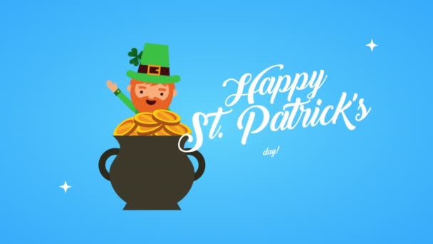 St patricks día tarjeta animada con elfo en caldero — Vídeo de stock