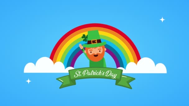 St dia patricks cartão animado com elfo e arco-íris — Vídeo de Stock
