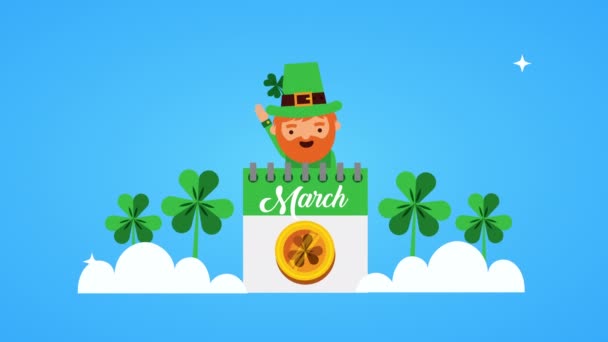 San Patricio día tarjeta animada con elfo y calendario — Vídeo de stock