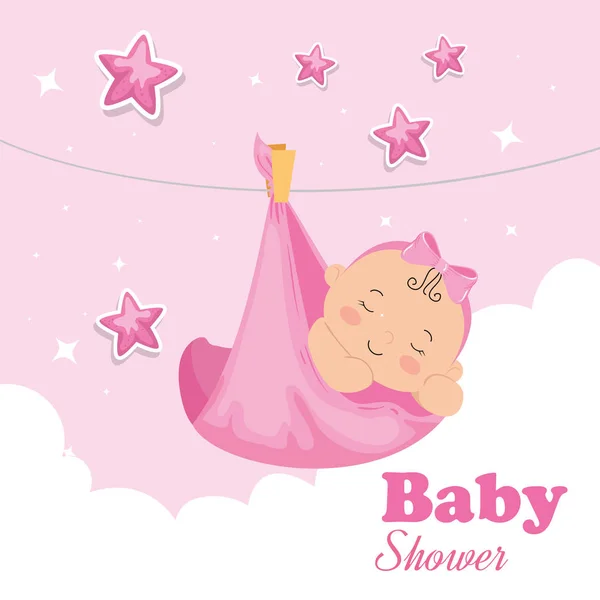 Baby shower card with cute baby girl and decoration — Διανυσματικό Αρχείο