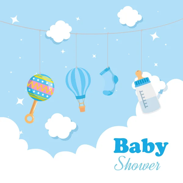 Baby shower card with decoration hanging — Stock vektor