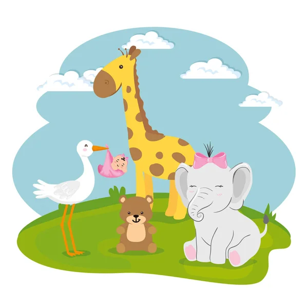 Cute group of animals in landscape — ストックベクタ