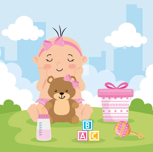 Cute little baby girl with toys in landscape — Stock vektor