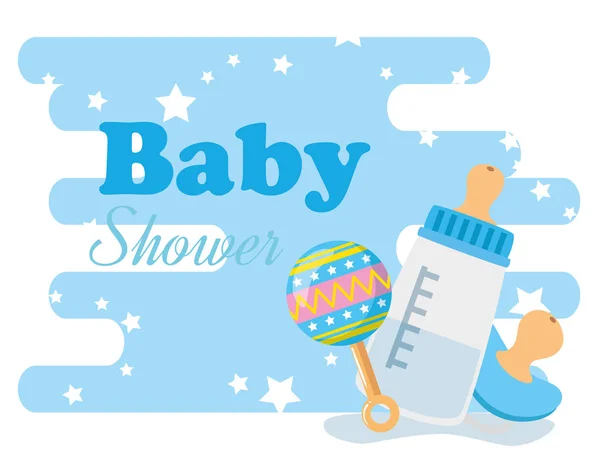 Baby shower card with bottle milk and icons — Stock Vector