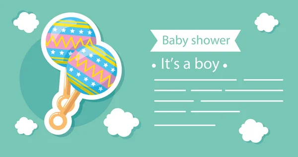 Baby shower card with rattle toy and decoration — Stock vektor