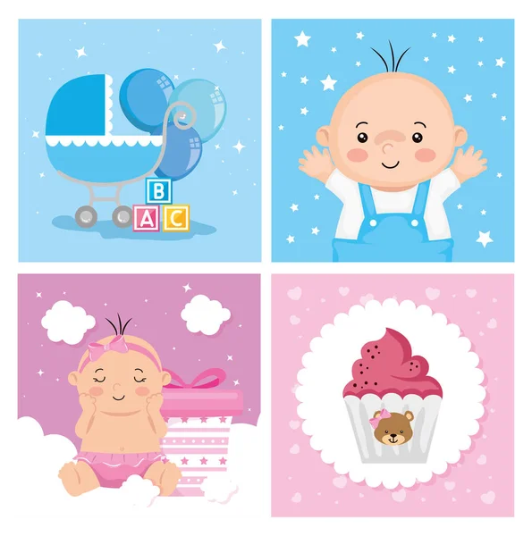 Set poster of baby with cute decoration — Stock Vector