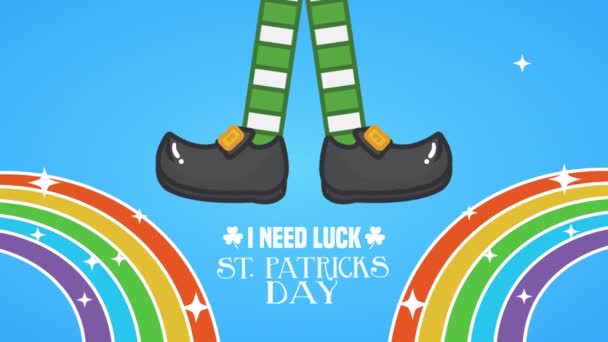 St patricks día tarjeta animada con patas de elfo y arco iris — Vídeo de stock