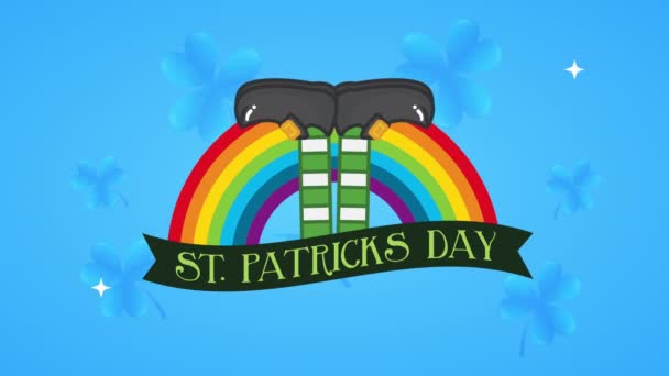 St patricks día tarjeta animada con patas de elfo y arco iris — Vídeo de stock