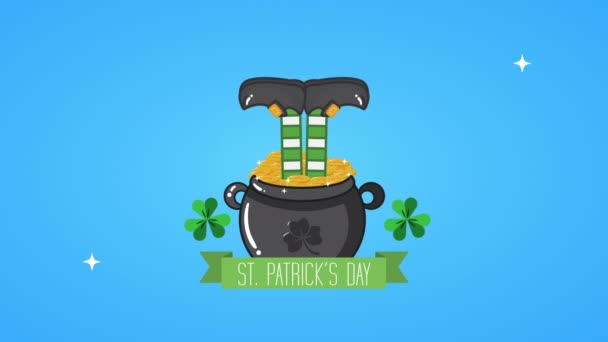 St patricks día tarjeta animada con caldero y las piernas de elfo — Vídeos de Stock