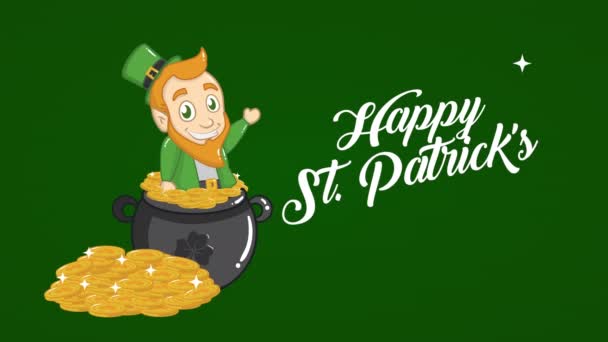 St patricks día tarjeta animada con elfo en caldero — Vídeos de Stock