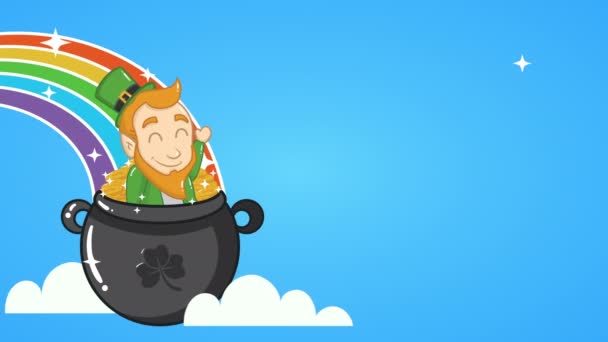 St patricks day animated card with elf in cauldron — Stockvideo