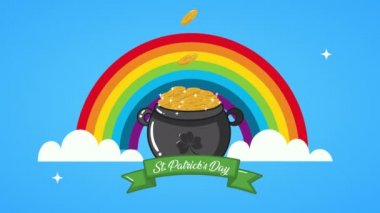 st patricks day animated card with treasure cauldron in rainbow