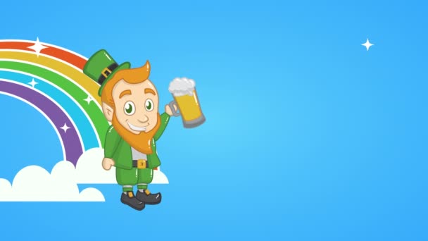 San Patricio día tarjeta animada con elfo bebiendo cerveza — Vídeos de Stock