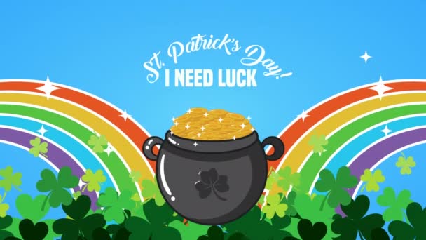 St patricks giorno cartone animato con arcobaleno e calderone tesoro — Video Stock