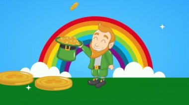 st patricks day animated card with elf and coins in rainbow