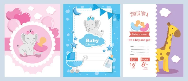 Set of baby shower cards with cute decoration — Stockvector